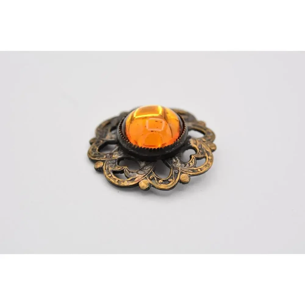 Vintage Cabochon Clip Earrings Round Orange Jelly Antiqued Brass Tone 80s BinAT